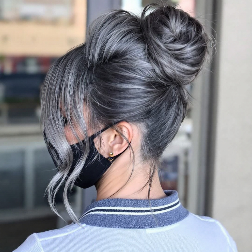 High Bun Gray Haircut For Women Aged Over 50