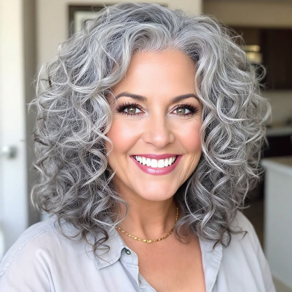 Layered Curls Gray HairCut For Women Over 50