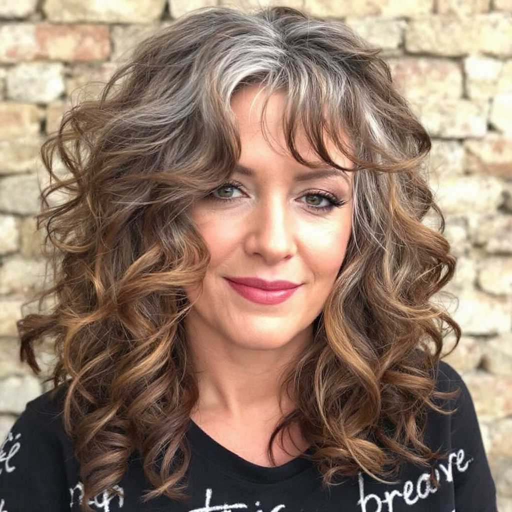 Layered Curls Women Hairstyle Over 30 with Curly Bangs