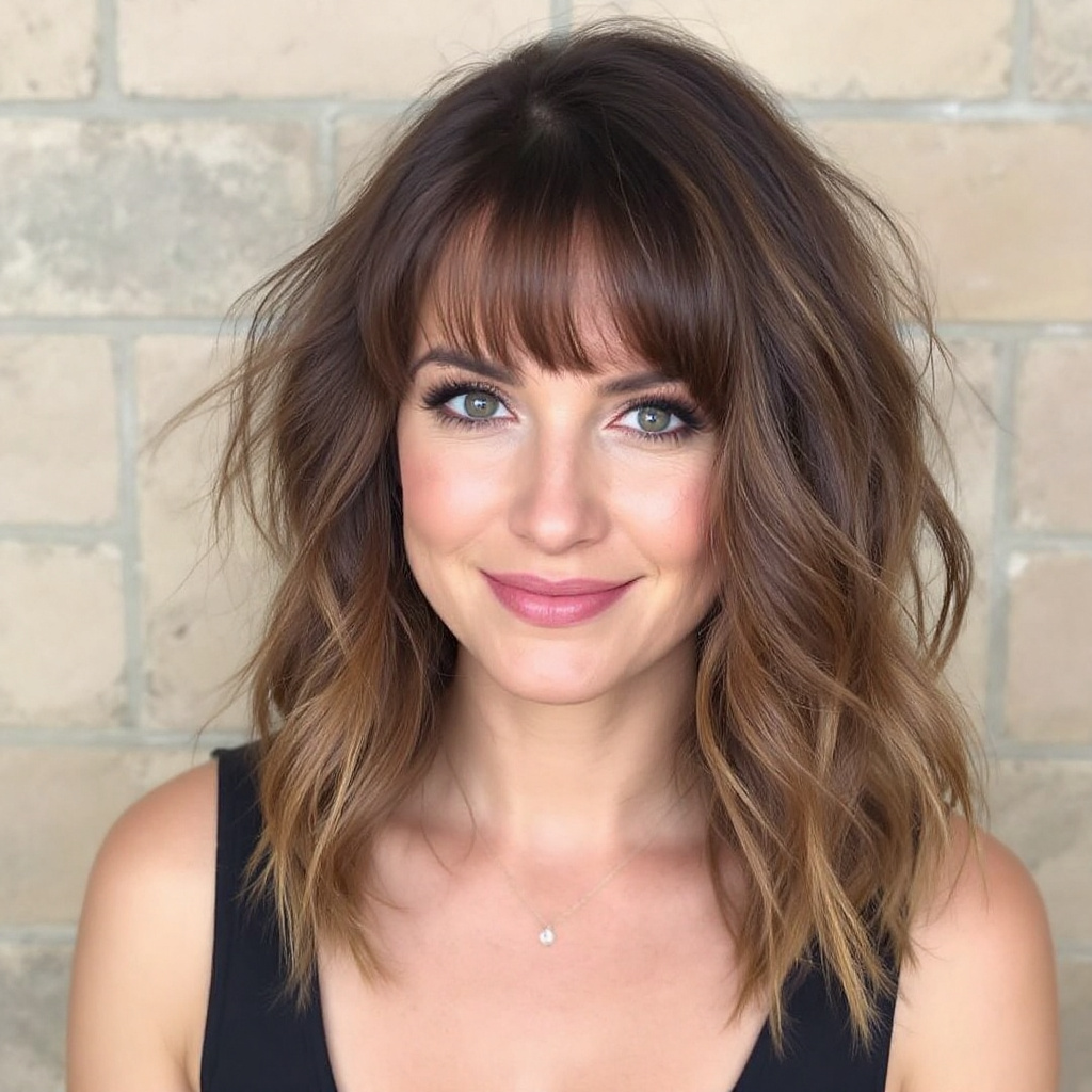 Layered Hair Women Aged 30 with Crescent Bangs