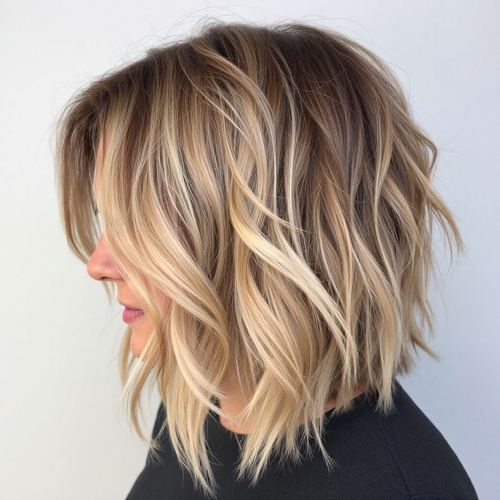 Layered Lob Hairstyle with Feathered Bangs