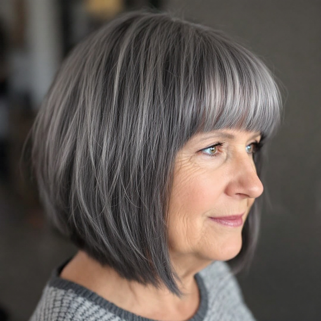 Straight Gray HairCut with Blunt Bangs